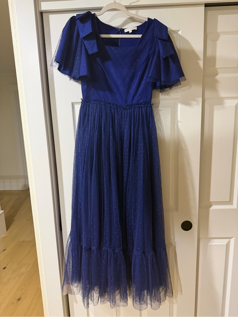 Navy Blue Sparkle Tulle Dress with Flutter Sleeves